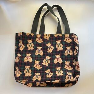 Teddy Bear Plaid Canvas Tote Bag - Black/Green